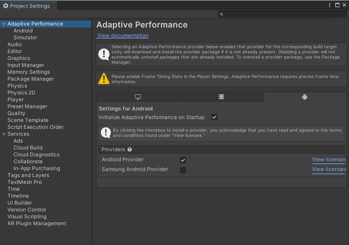 Rendimiento adaptable y proveedor de Android