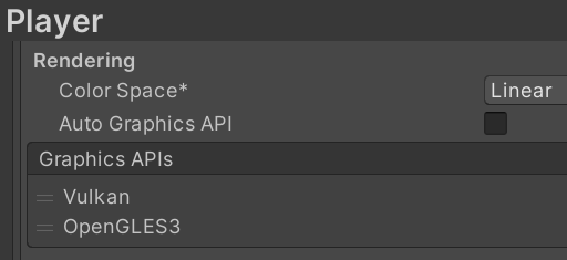 Project Settings > Player Settings > Rendering > Graphics APIs