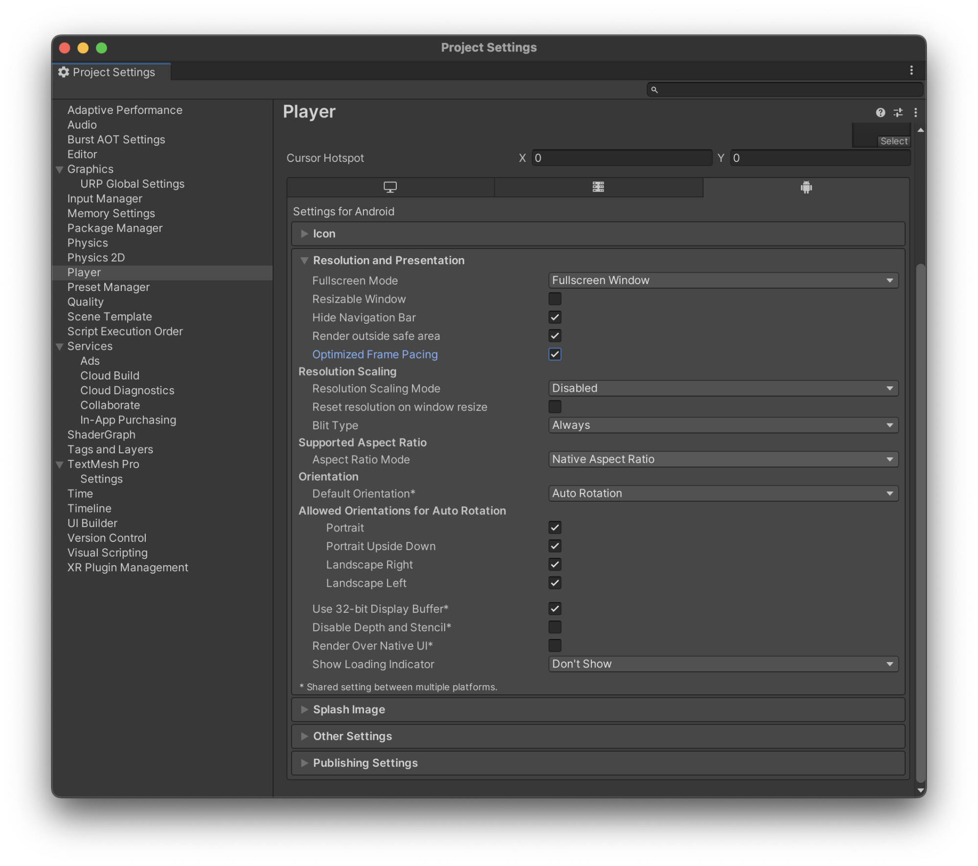 Kotak dialog yang menampilkan Project Settings > Player Settings > Fame Pacing yang Dioptimalkan