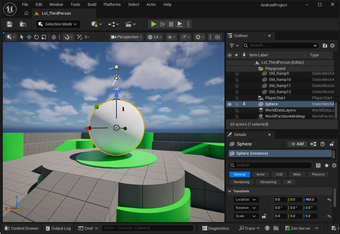 Unreal Editor'da sahneye başarıyla eklenen 3D küre gösteriliyor.