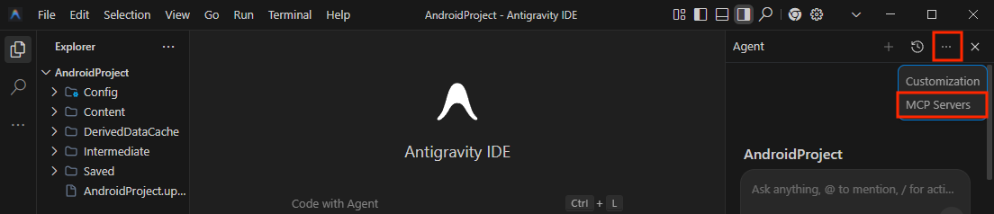 Antigravity IDE Agent window with the three-dot options menu expanded, showing 'MCP Servers' as one of the menu items.