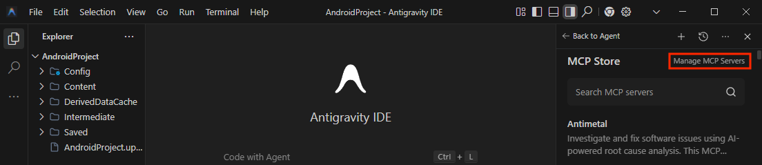 منوی Antigravity IDE که مسیر مدیریت سرورهای MCP را نشان میدهد.