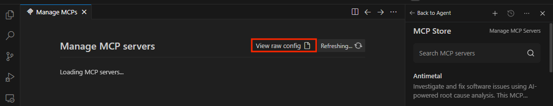 Okno Antigravity IDE Manage MCP Servers z przyciskiem View raw config (Wyświetl surową konfigurację).