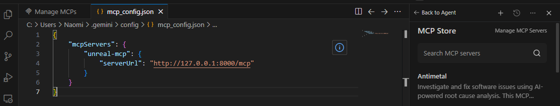 Antigravity IDE metin düzenleyicisinde Unreal MCP sunucusunun JSON yapılandırması gösteriliyor.