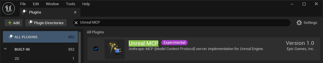 Finestra dei plug-in di Unreal Editor che mostra il plug-in Unreal MCP abilitato.