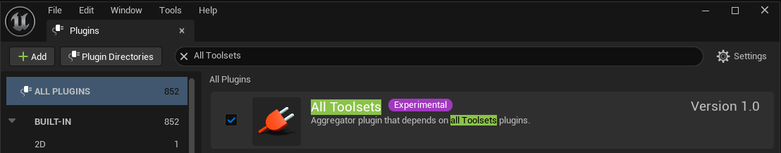 Unreal Editor Plugins window showing the All Toolsets plugin enabled.