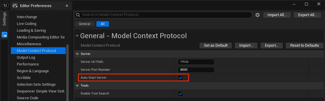 Unreal Editor Preferences window showing the Auto Start Server option enabled.