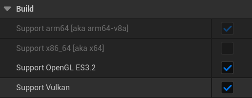 Поддержка Vulkan и поддержка OpenGL ES3.2 выбраны в настройках проекта > Платформы > Android > Сборка