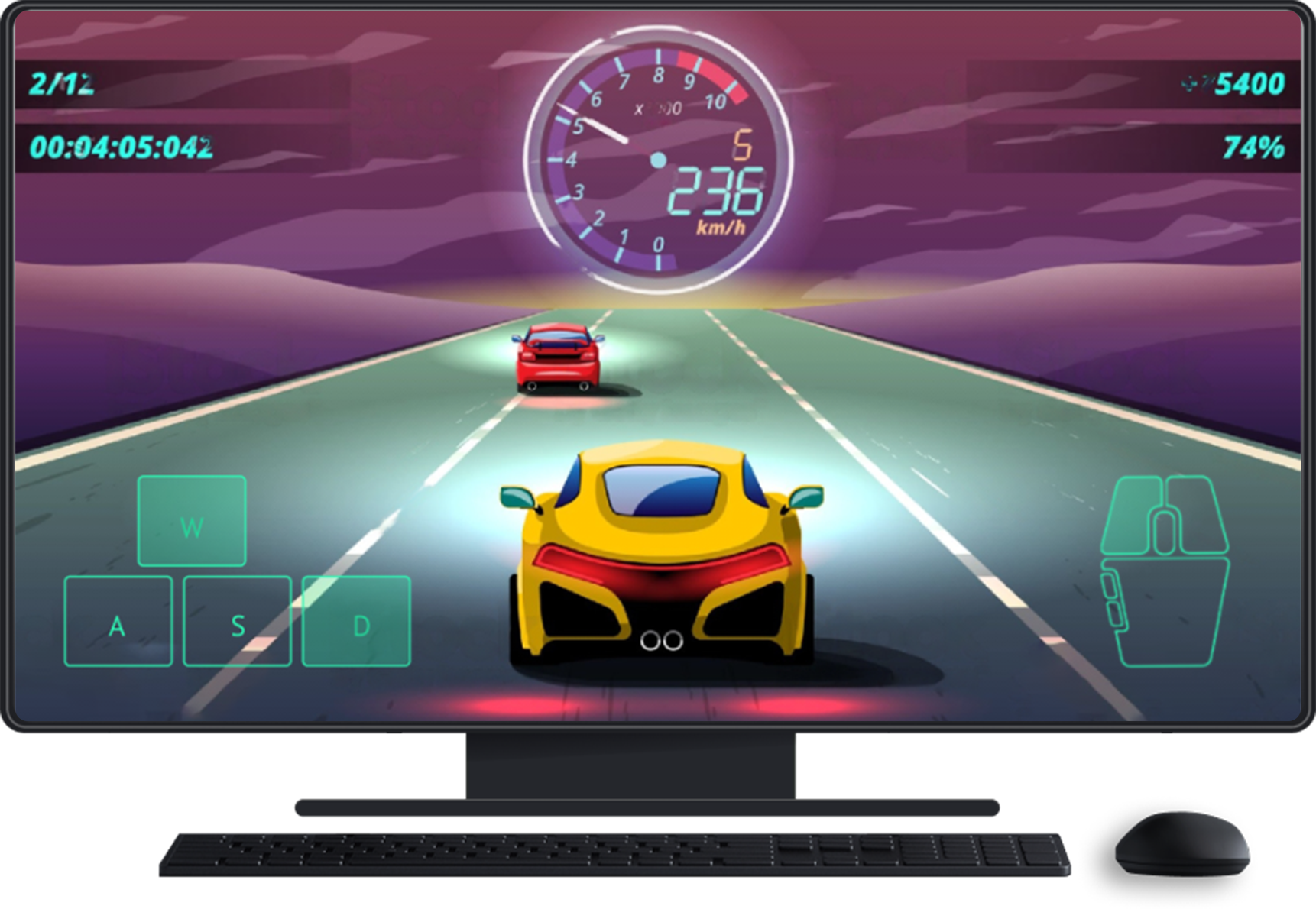Computer con tastiera e mouse. Il gioco è sullo schermo e mostra gli input del touchscreen per il controllo della direzione e del mouse.