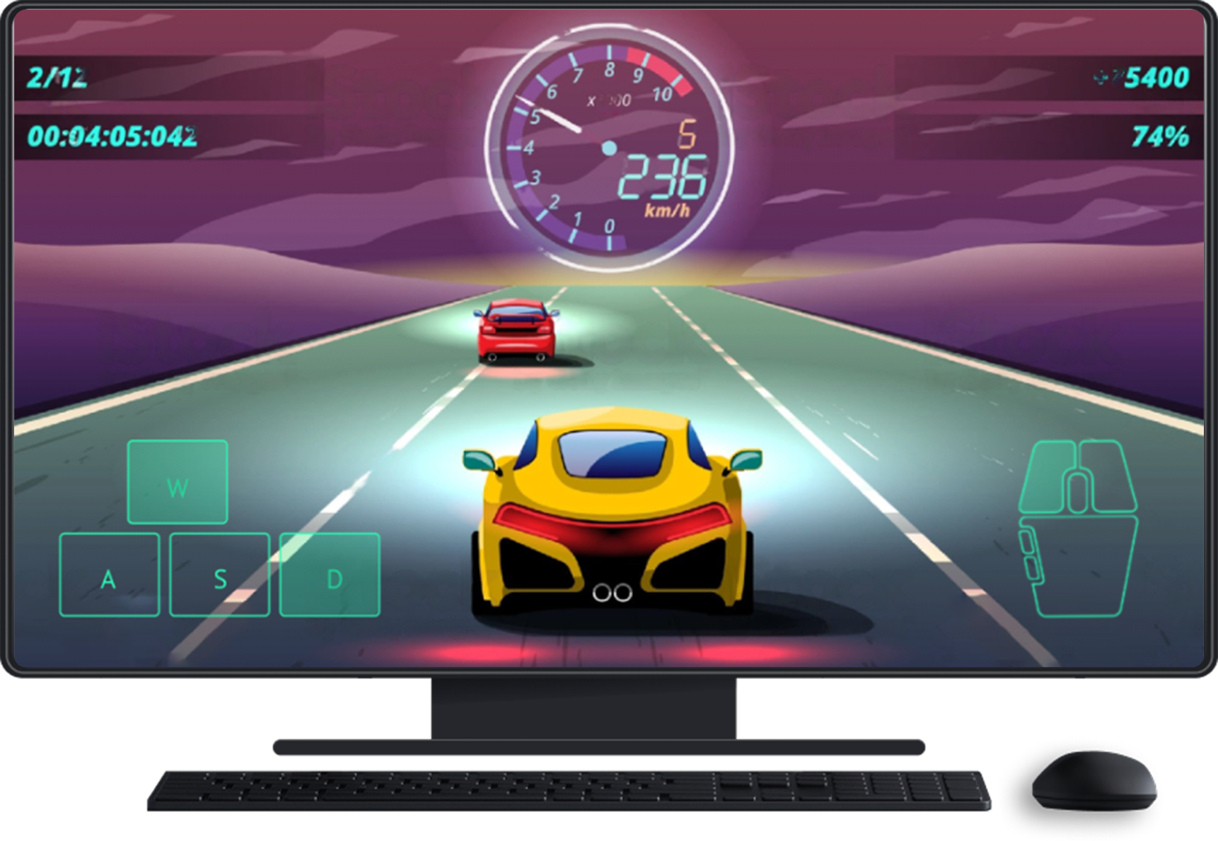 Komputer desktop dengan keyboard dan mouse. Game ada di layar, menampilkan input layar sentuh untuk kontrol arah dan mouse.