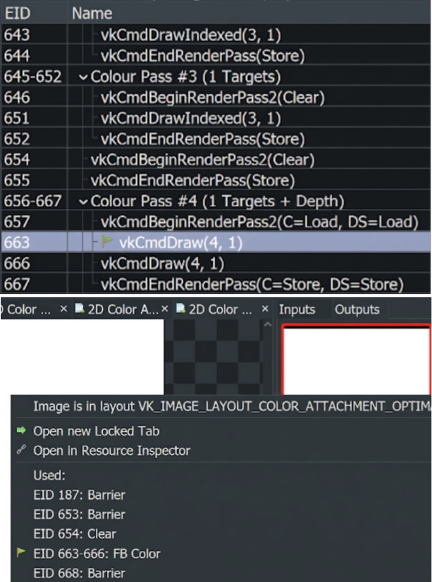 RenderDoc ইভেন্ট ব্রাউজার এবং রিসোর্স ইন্সপেক্টর ইমেজ লেআউট এবং রেন্ডার পাস বিশ্লেষণ করছে
