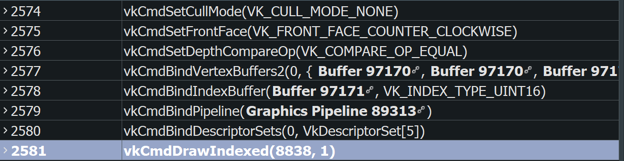 ভলকান কমান্ড লগে দেখা যাচ্ছে vkCmdSetCullMode-এর মান VK_CULL_MODE_NONE-এ সেট করা আছে।