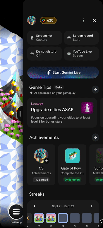 উপলব্ধ বৈশিষ্ট্য সহ প্লে গেমস সাইডকিক (বিটা)।