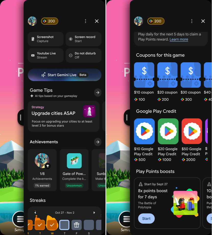 উপলব্ধ বৈশিষ্ট্য সহ প্লে গেমস সাইডকিক (বিটা)।