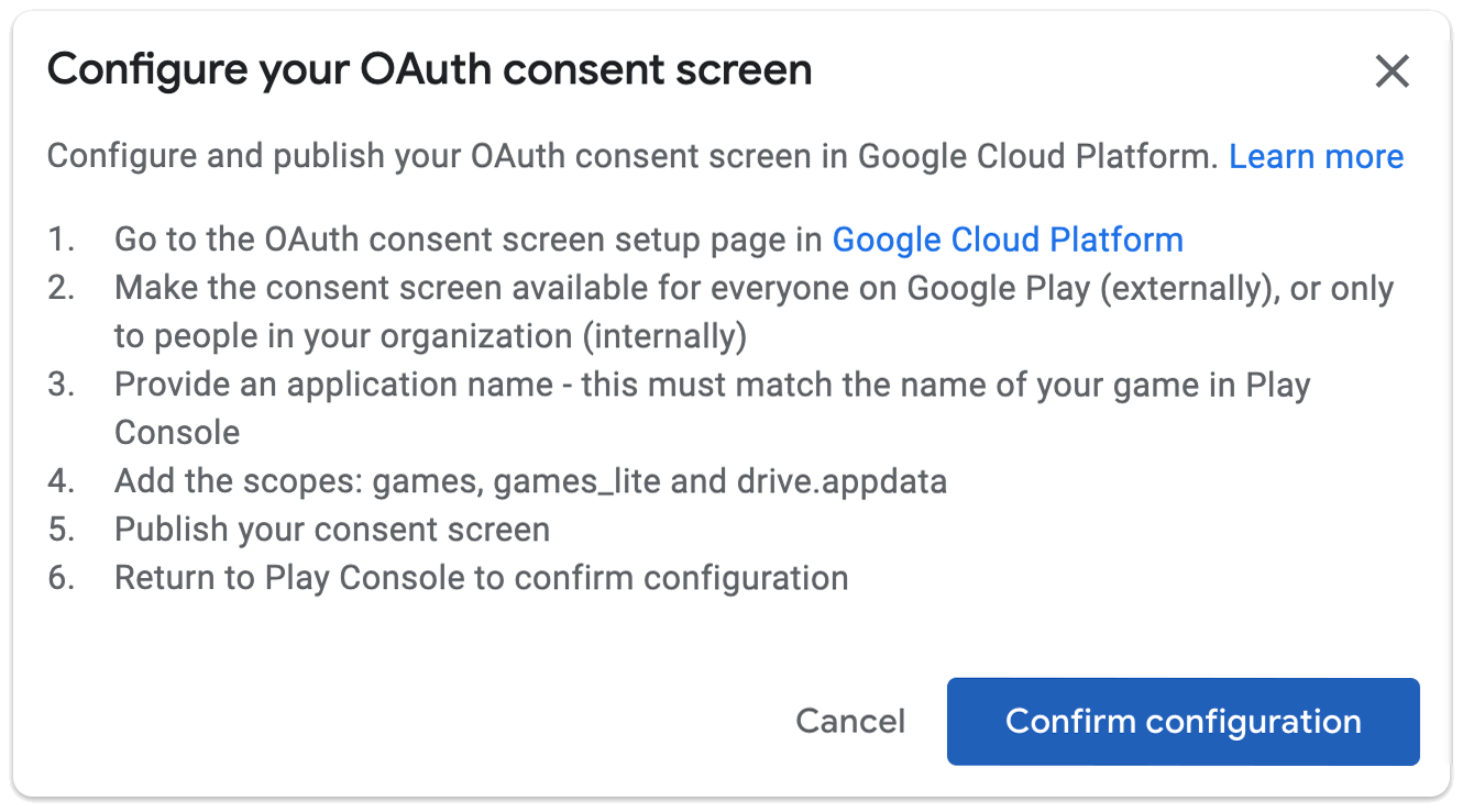 Prompt to configure your OAuth consent screen.