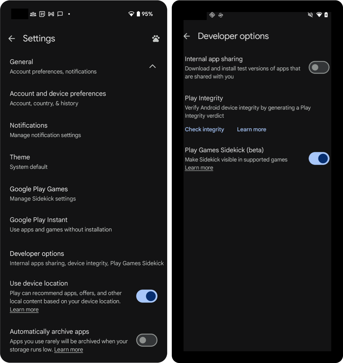 Переключатель для включения Play Games Sidekick (бета) в приложении Google Play Store.