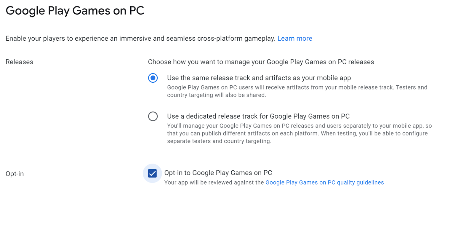 PC 版 Google Play Games 専用のトラックの有無を選択するスクリーンショット