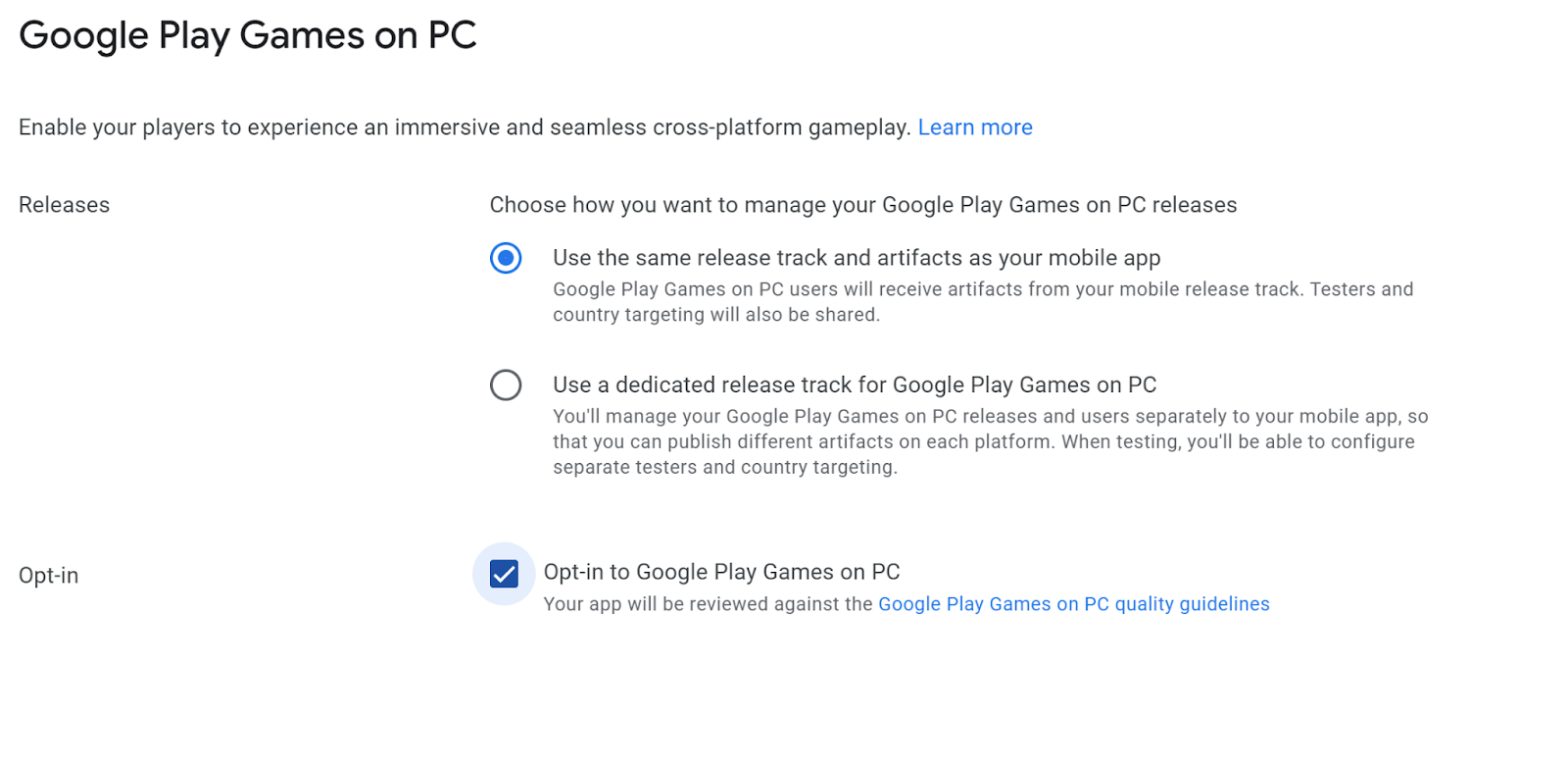 Uno screenshot della scelta di utilizzare o meno un canale dedicato per Google Play Games su PC