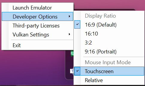 Screenshot menampilkan menu konteks yang diluaskan di ikon taskbar HPE_Dev. Opsi menu "Opsi Developer" diluaskan, dan "Layar Sentuh" dicentang di bawah judul "Mode Input Mouse".