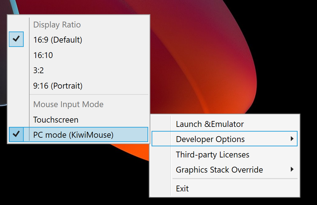 ภาพหน้าจอของ &quot;โหมด PC(KiwiMouse)&quot; เลือกไว้ในเมนูตามบริบท