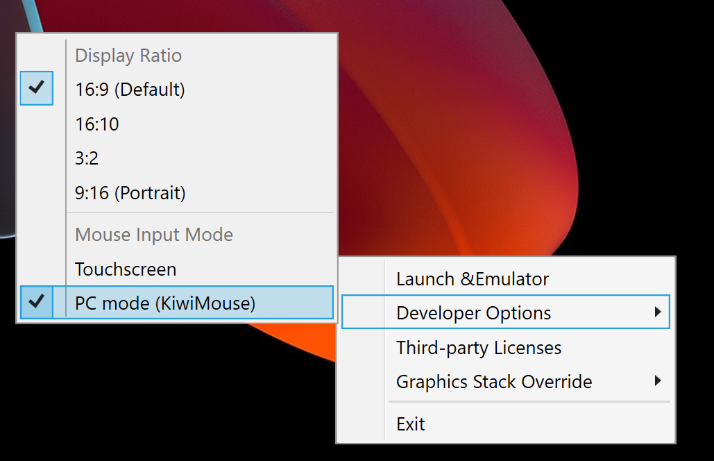 Ảnh chụp màn hình của mục "PC mode(KiwiMouse)" (Chế độ máy tính(Chuột Kiwi)) được chọn trong trình đơn theo bối cảnh