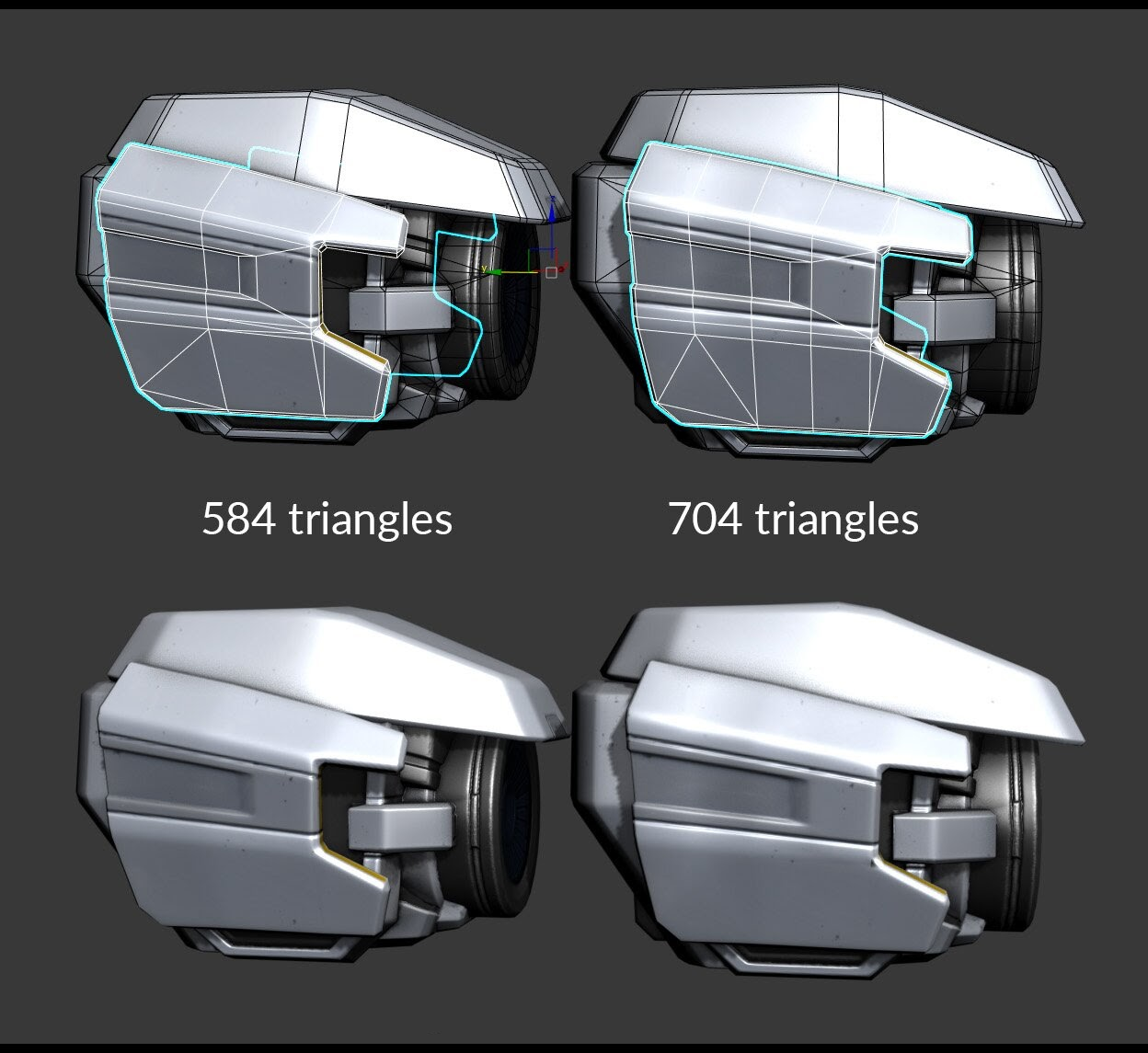 ออบเจ็กต์ทางด้านซ้ายมีสามเหลี่ยม 584 รูป ส่วนออบเจ็กต์ทางด้านขวามี 704 รูป