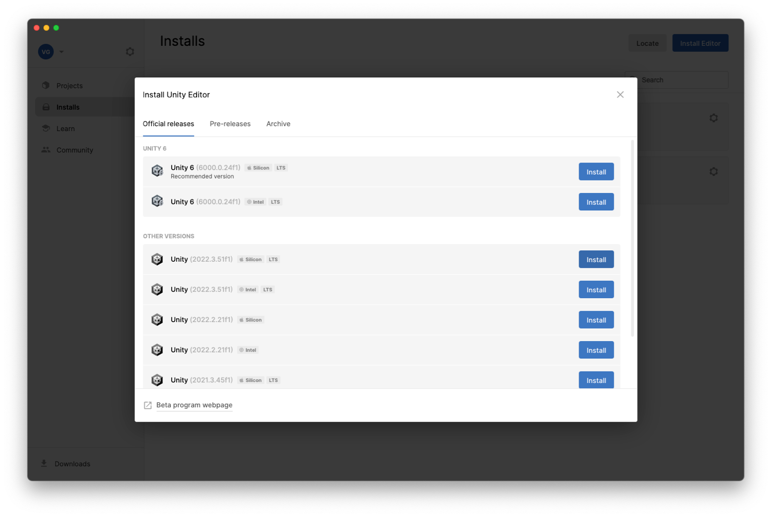 เพิ่มเอดิเตอร์ใน Unity Hub