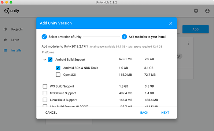 Aggiungi l&#39;opzione NDK di Android Build Support in Unity Hub