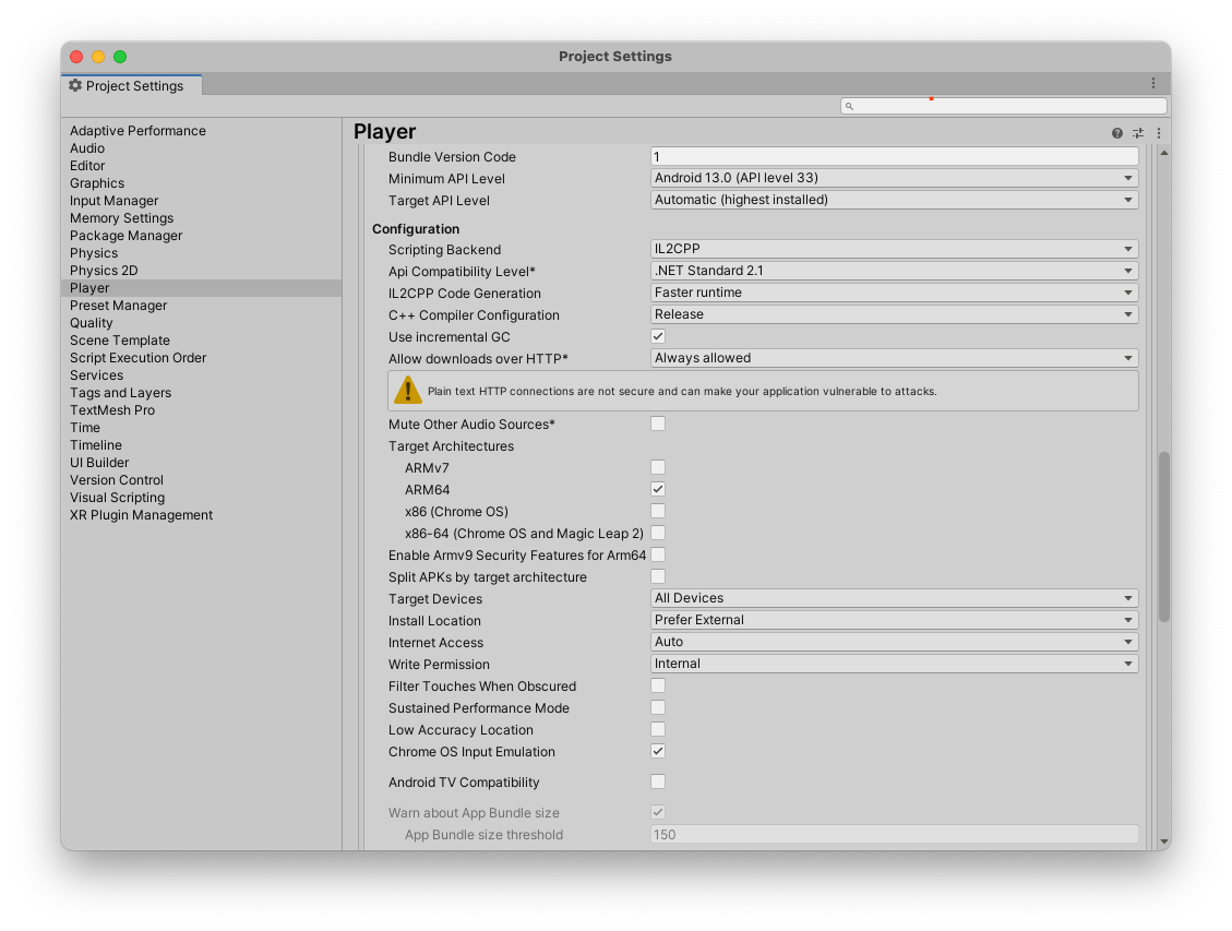 La configuración del jugador en tu proyecto de Unity