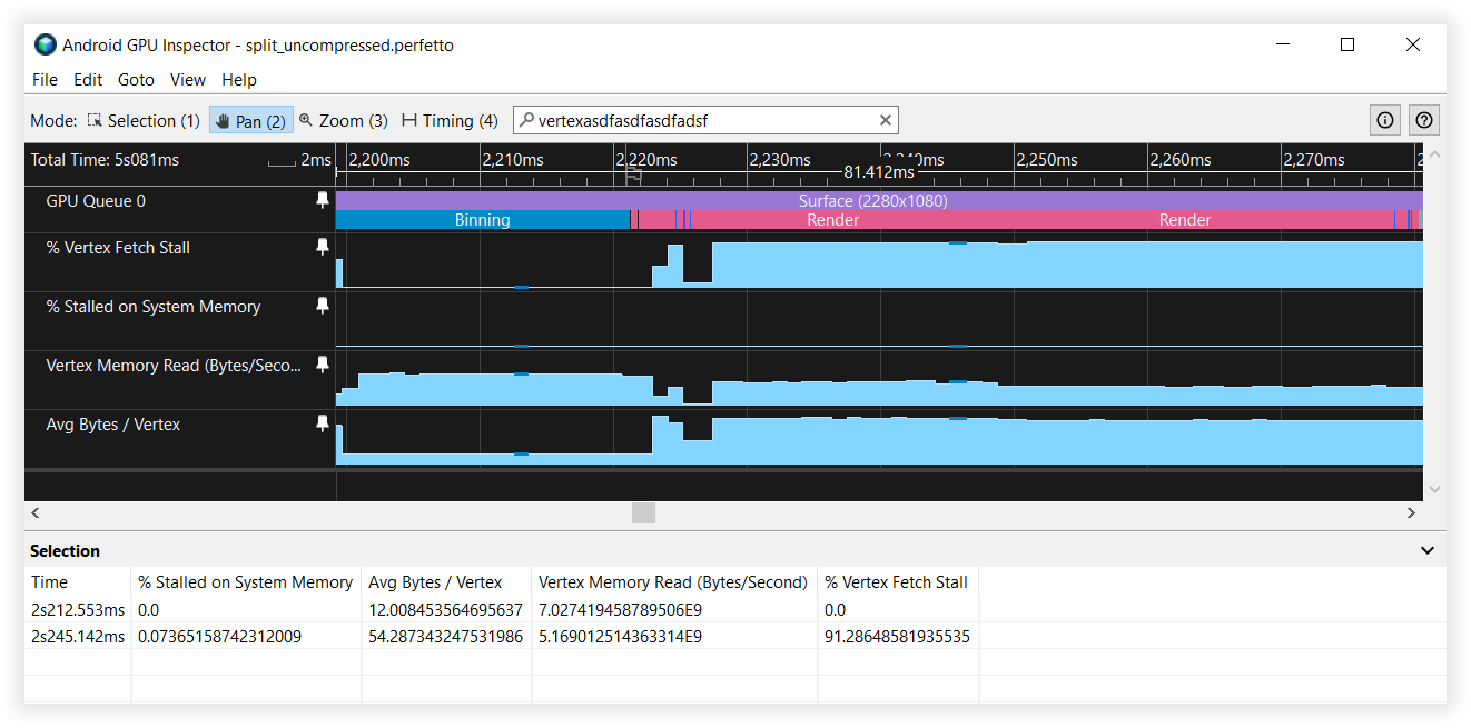 תצוגת Android GPU Inspector של סטרימינג של קודקוד מפוצל