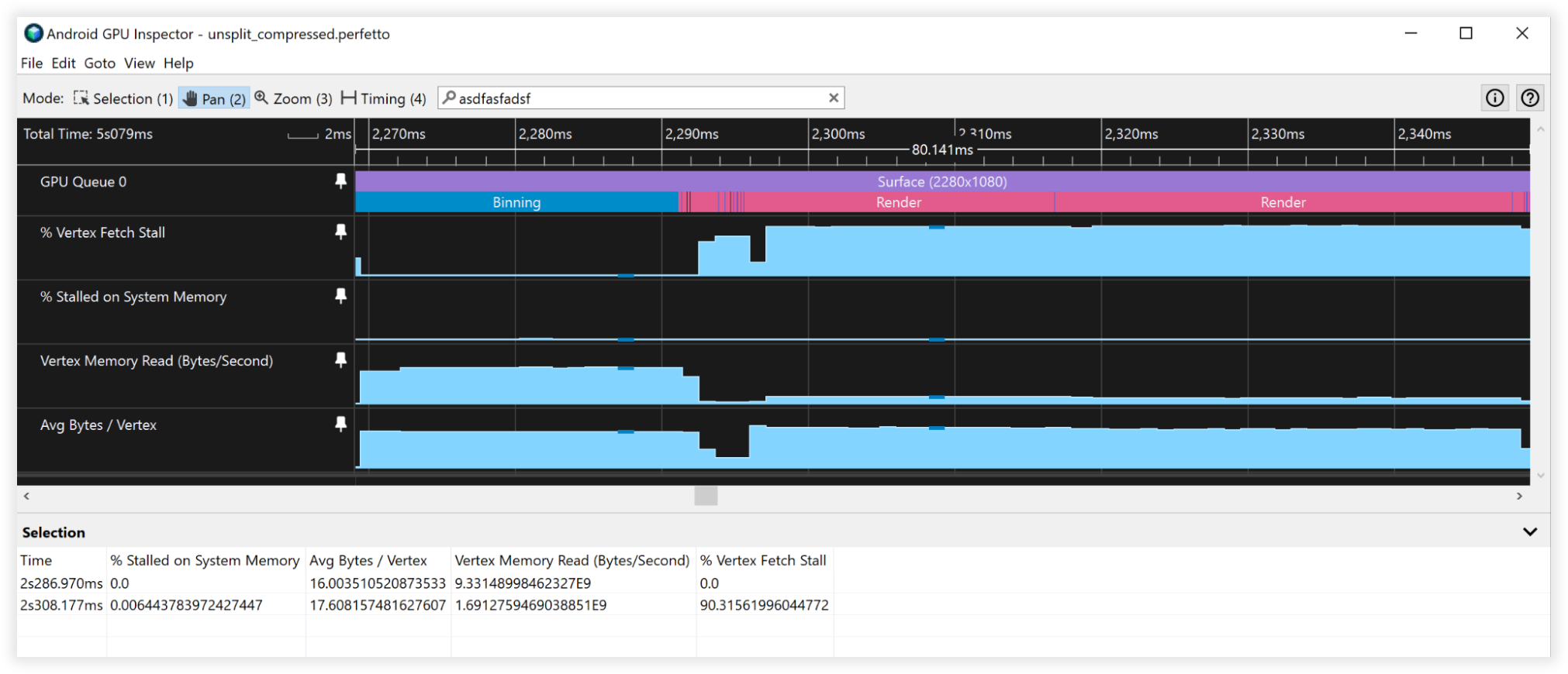 圧縮された頂点の Android GPU Inspector ビュー