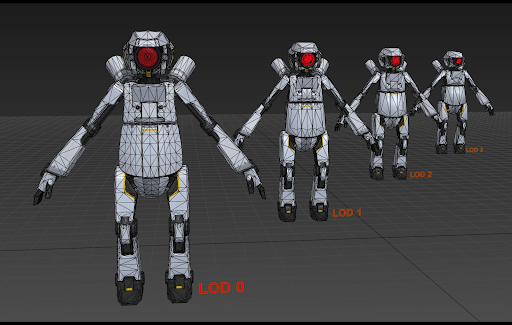 Di sebelah kiri, ada robot yang paling mendetail dengan jumlah segitiga terbesar. Di sebelah kanan, ada robot yang posisinya lebih jauh, memiliki lebih sedikit detail, dan menggunakan lebih sedikit segitiga.