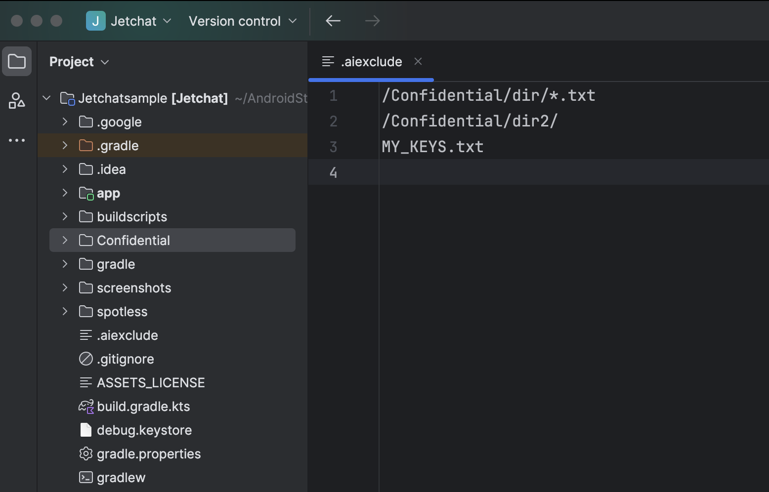 Screenshot of .aiexclude config file