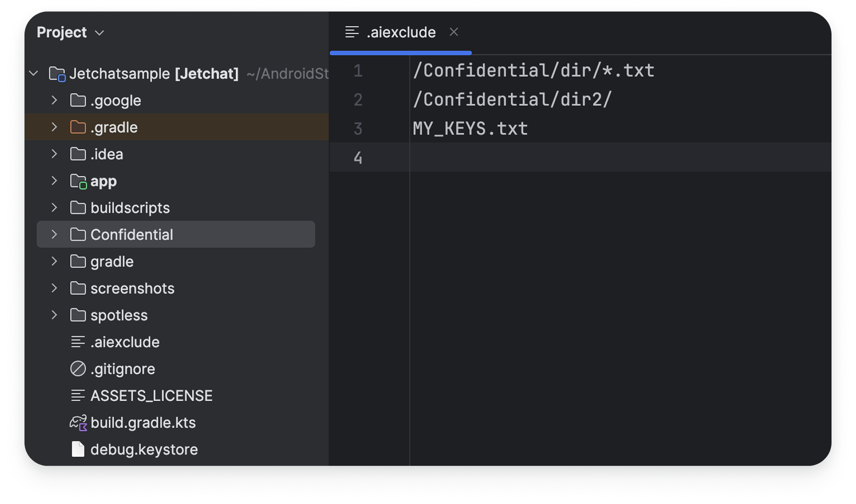 Capture d&#39;écran du fichier de configuration .aiexclude