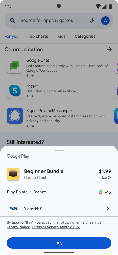 Auf dem Google Play Store-Bildschirm wird eine Aufforderung zum Kauf für einen zuvor abgebrochenen Kauf angezeigt.