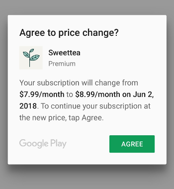 Cuadro de diálogo genérico que notifica al usuario sobre un cambio en el precio de la suscripción