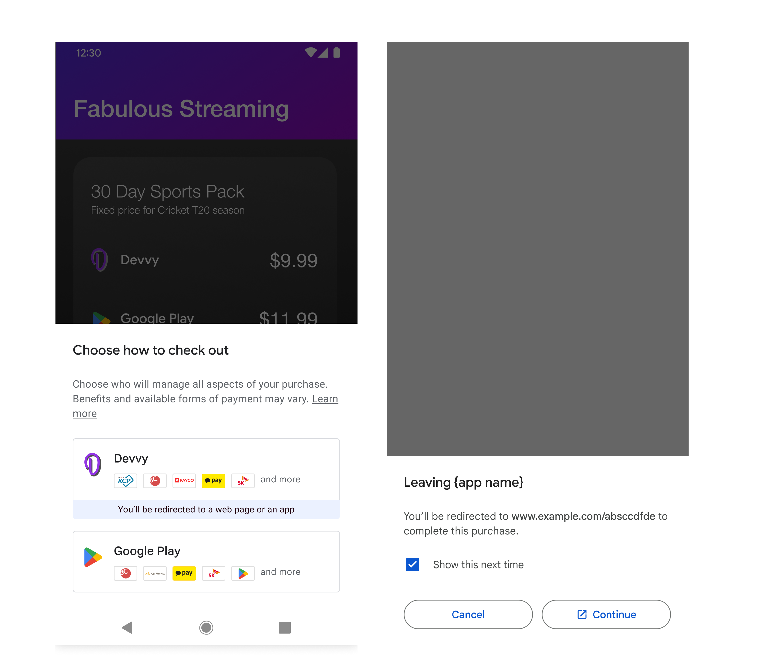 Google-rendered billing choice screen with external web link option