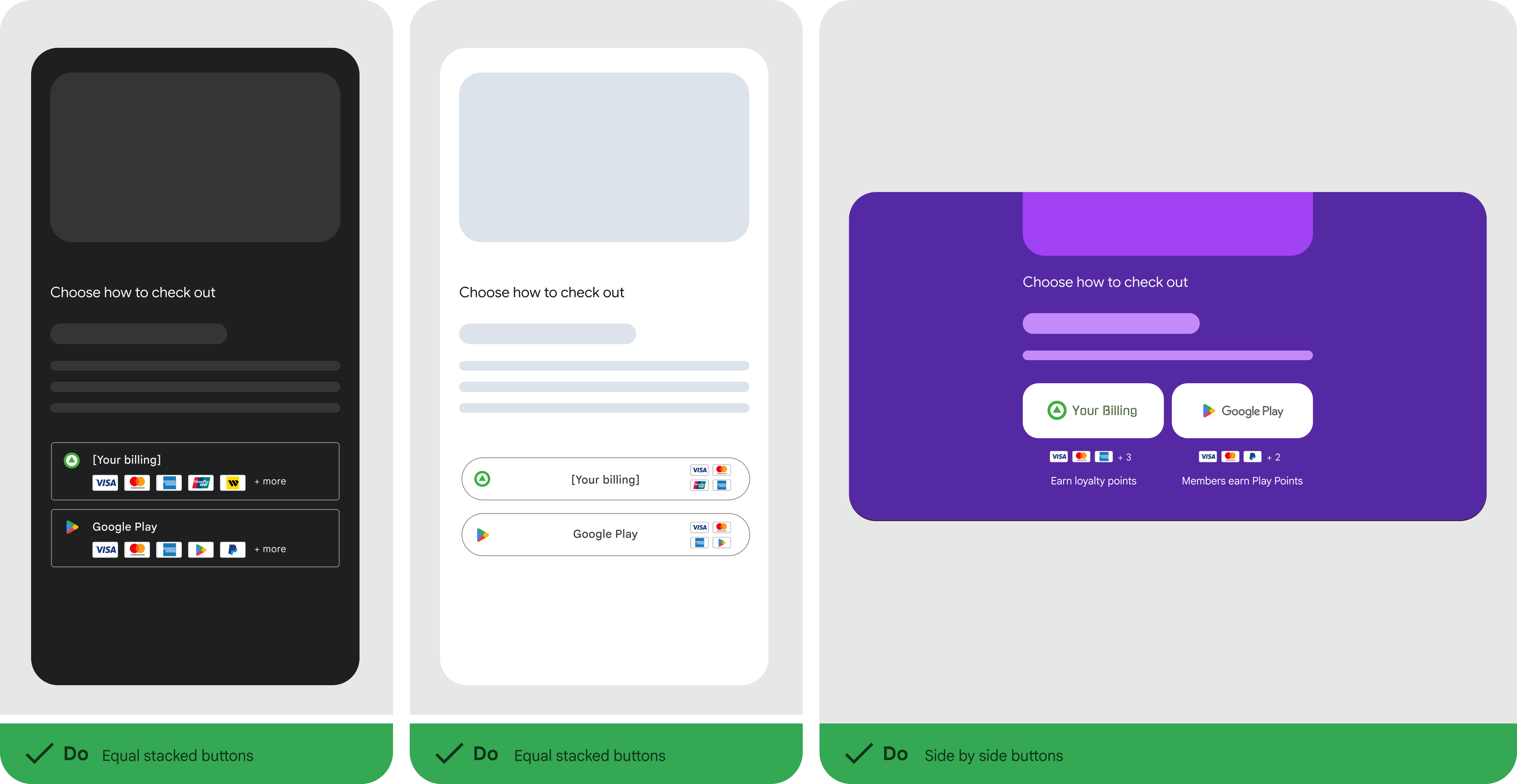 A developer-rendered choice screen showing options for both an alternative billing system and Google Play Billing.
