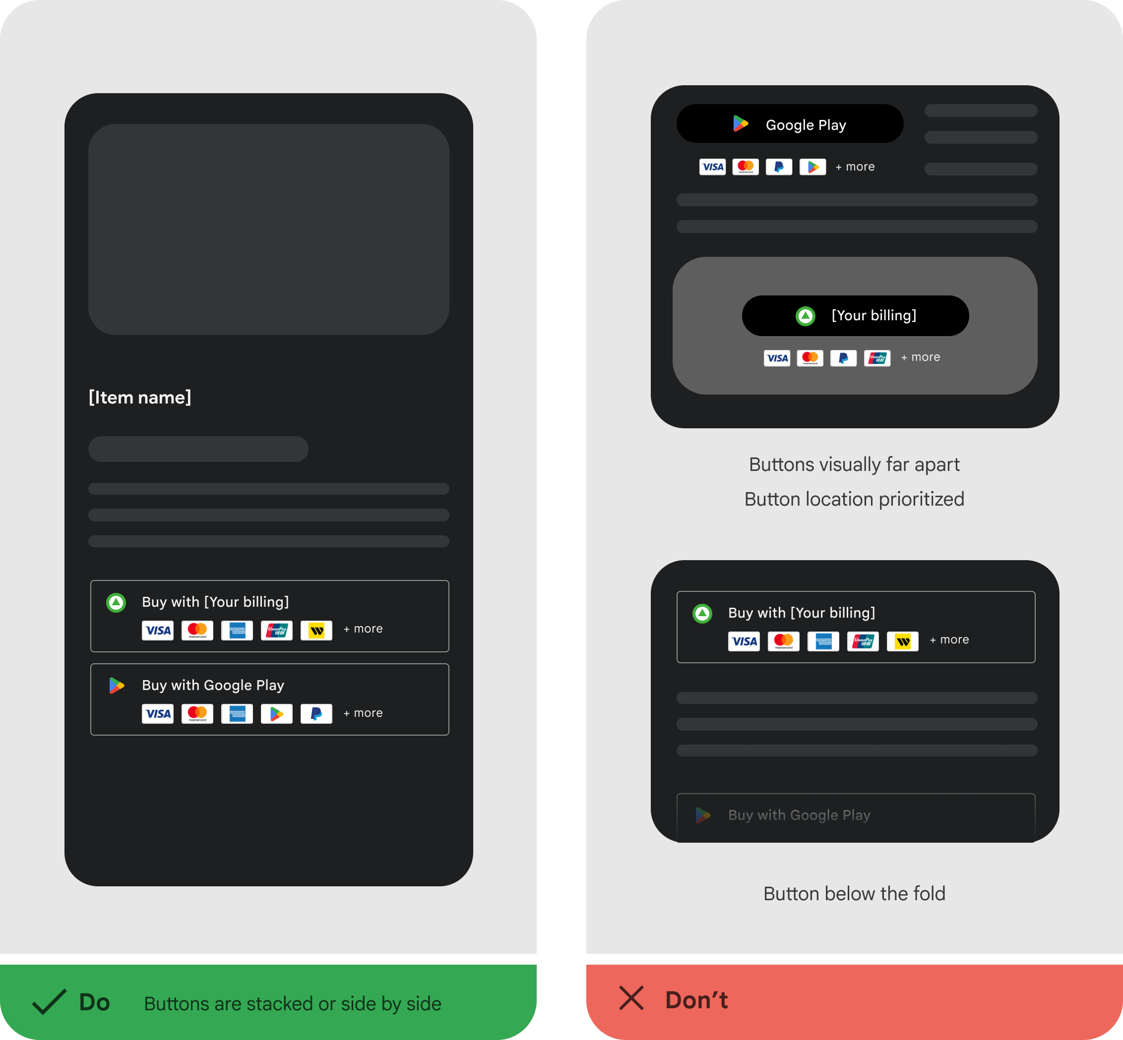 Una interfaz de usuario que muestra dos botones de opciones de confirmación de la compra colocados muy cerca para su comparación y selección.