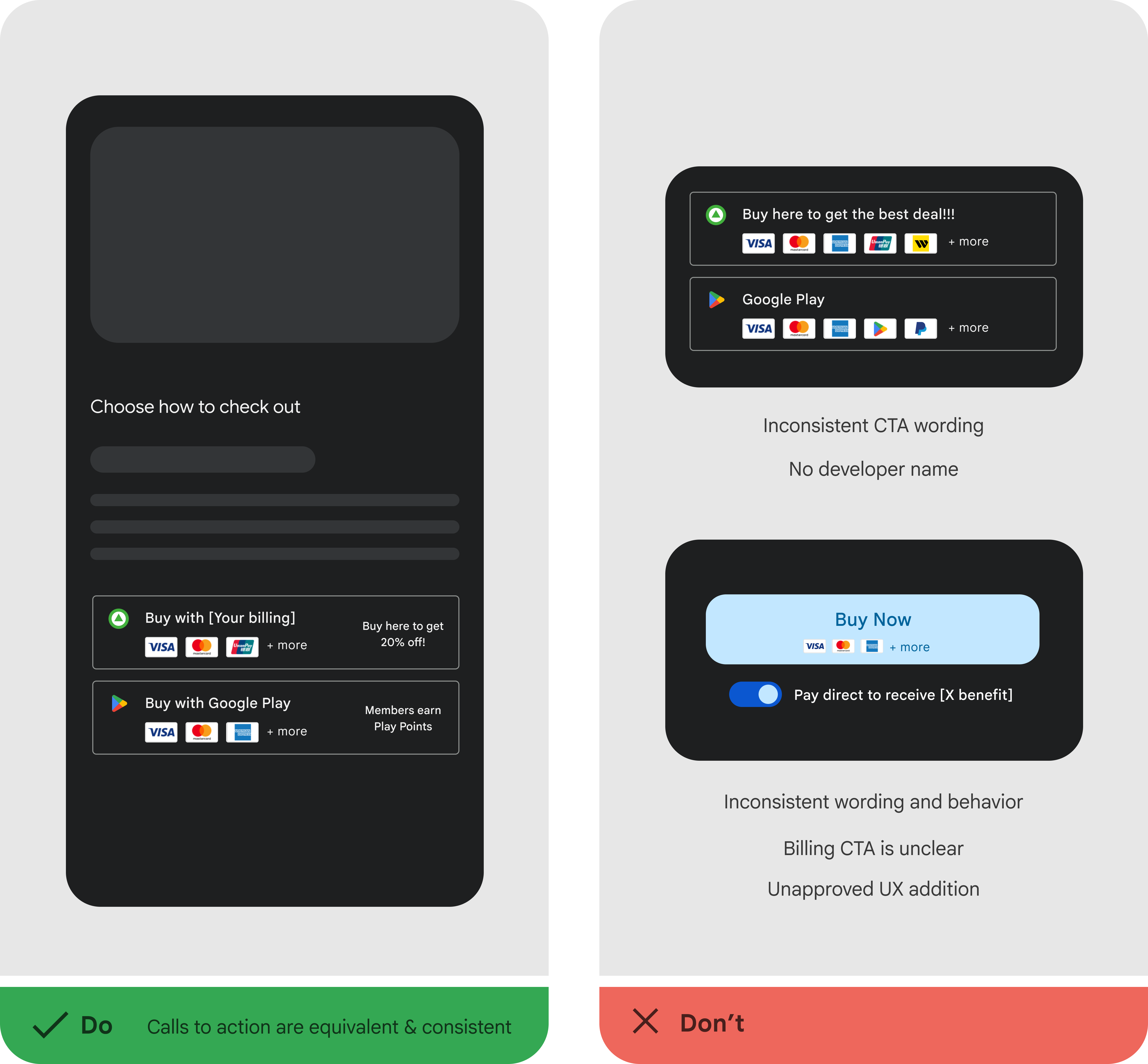 A mockup of neutral and parallel checkout call to action buttons for developer billing and Google Play Billing.