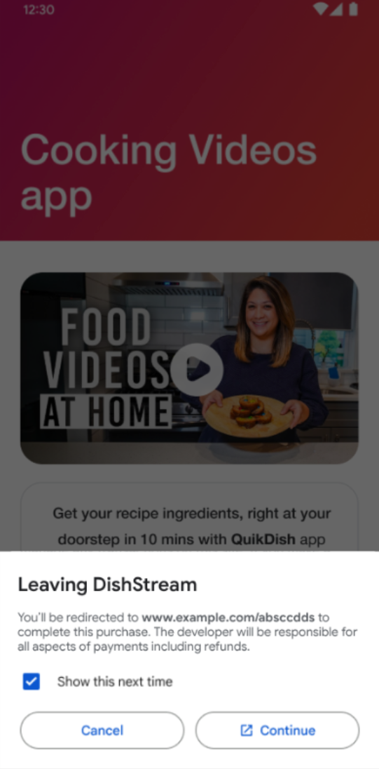 Un écran d&#39;informations s&#39;affiche pour l&#39;utilisateur avant qu&#39;il ne soit redirigé en dehors de l&#39;application.