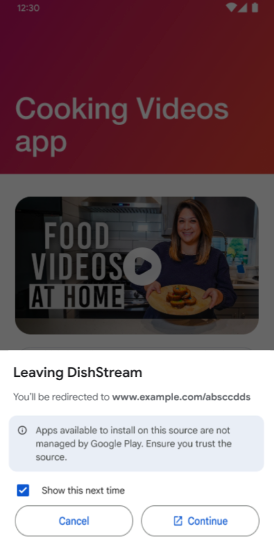 Pengguna akan melihat layar informasi sebelum diarahkan ke luar aplikasi.