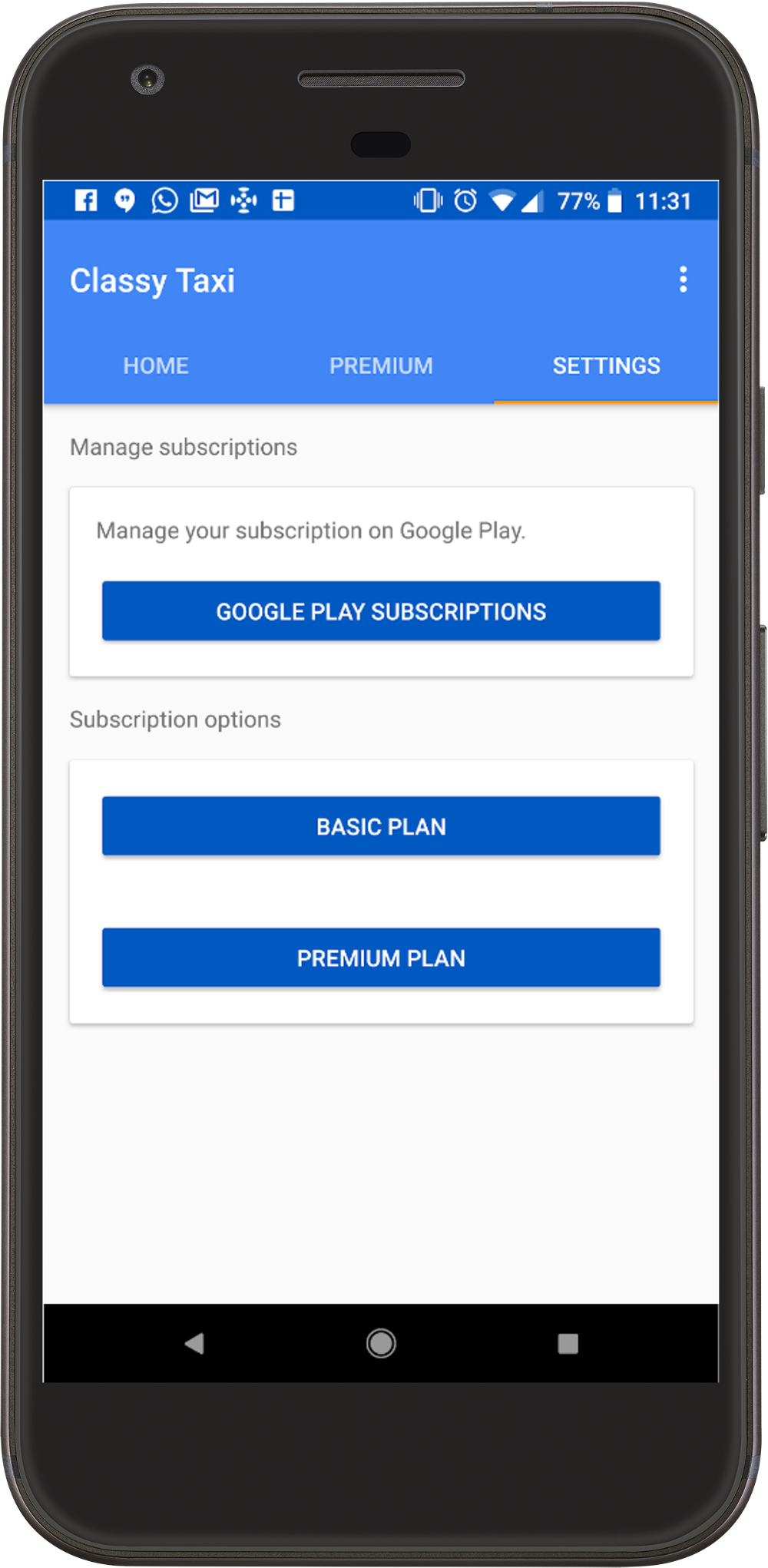El botón Suscripciones de Google Play (Google Play Subscriptions) que se muestra en esta imagen es un ejemplo de vínculo para administrar suscripciones.