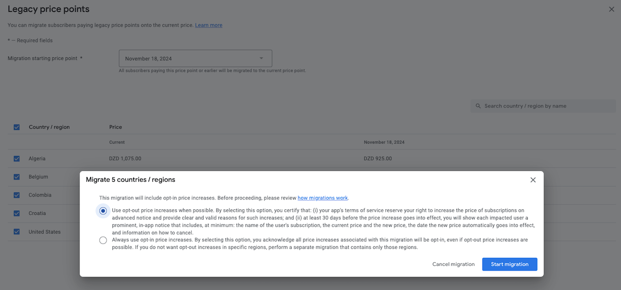نقل المجموعات النموذجية القديمة للأسعار في Google Play Console مع زيادة لا تتطلّب موافقة