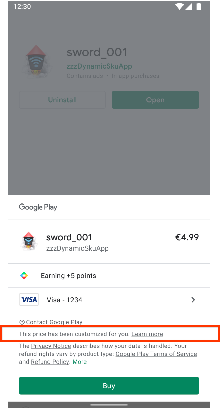 شاشة الشراء على Google Play التي تشير إلى أنّه تم تخصيص السعر للمستخدم