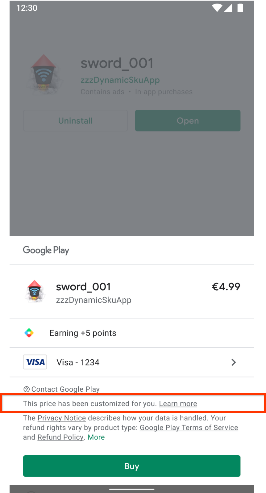 Экран покупки в Google Play, указывающий на то, что цена была настроена индивидуально для пользователя.