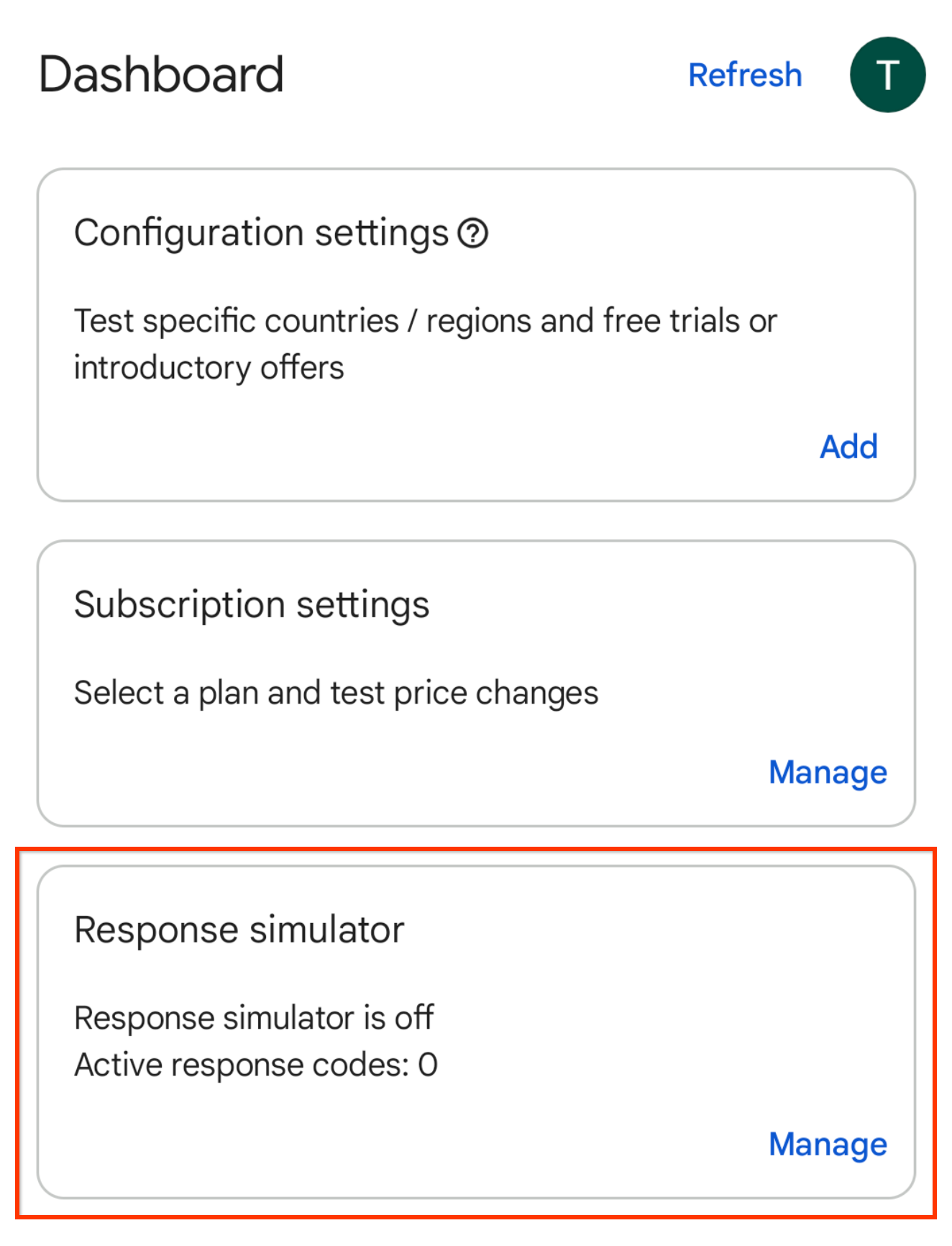 Dashboard with Response Simulator card