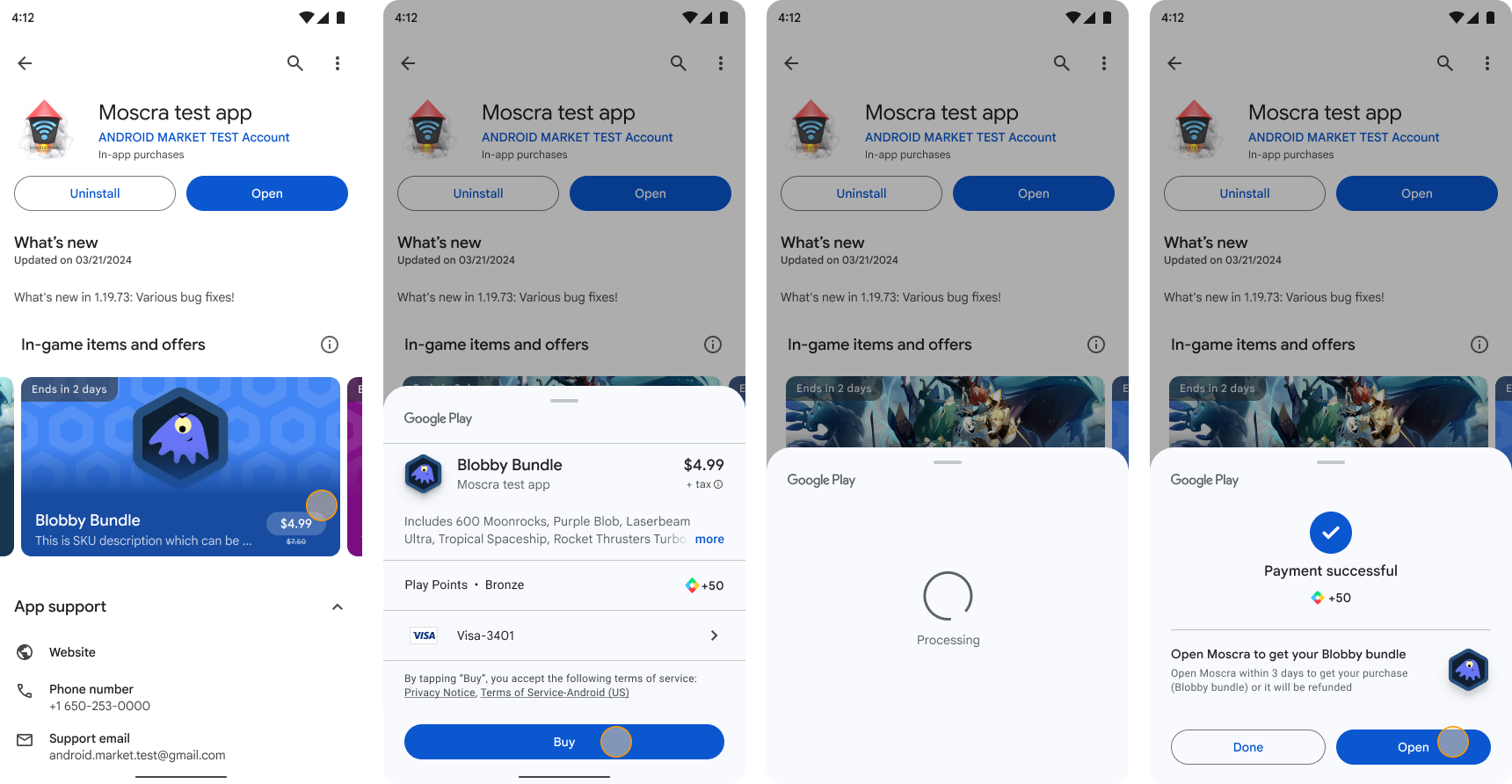 Quatro telas mostrando o fluxo de compra de produtos em destaque. A
       primeira tela mostra um card com o produto em destaque na página de detalhes
       do app. A segunda tela mostra a página inferior de compra. A terceira tela
       mostra o processamento de pagamentos. A quarta tela mostra que o pagamento foi concluído
       com uma solicitação instruindo o usuário a abrir o app para receber o item.