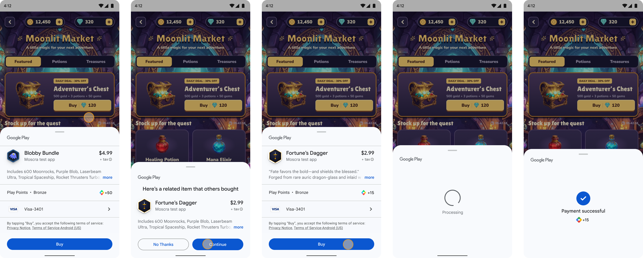Five screens showing the a purchase recommendation after abandoning
       a cart. The first screen shows the initial cart the user intended to
       purchase, with the user clicking outside of the purchase flow to abandon
       the cart. The second screen shows a recommendation to purchase a
       different item, with the user clicking on the button to continue. The
       third screen shows a cart with the new item, and the user clicking on
       the button to complete the purchase. The fourth screen shows the
       purchase being processed. The fifth screen shows purchase success.
