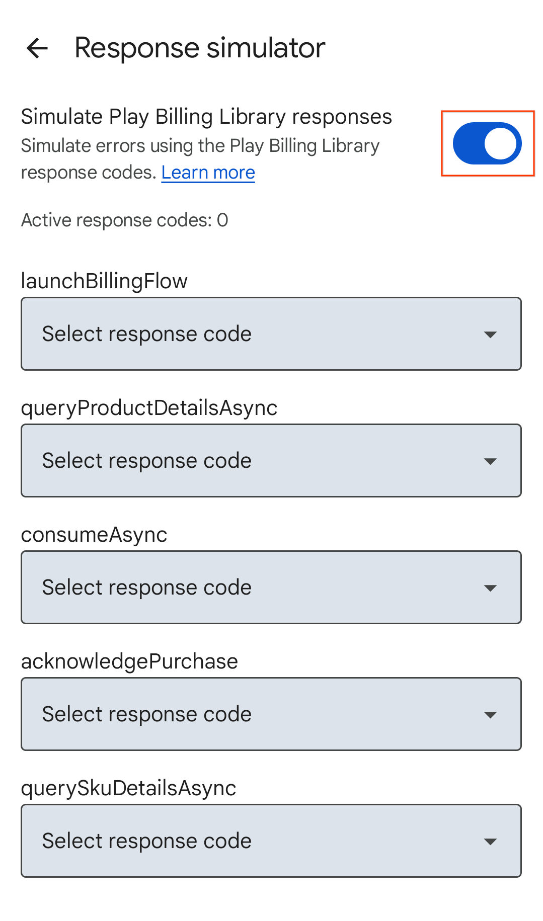 Simulasikan pengalihan respons Play Billing Library